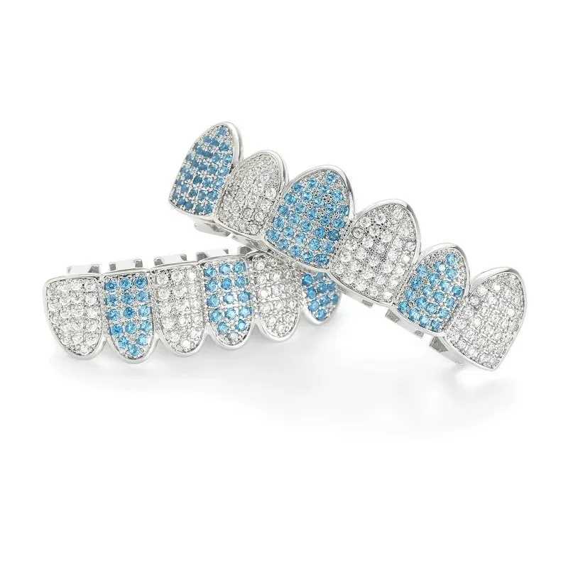 HipHop CZ Tooth Set Neutral Blue Zircon Top Bottom Gold Silver Tooth Cap Removable Teeth Fashion Jewelry W250412