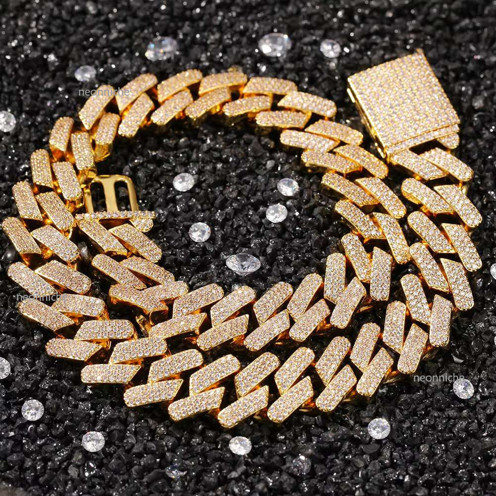 2025 New Trendy Fashion Jewelry 10mm 14mm Tow Rows Moissanite Men's Hip Hop Gold Plated Cuban k Chain Necklace