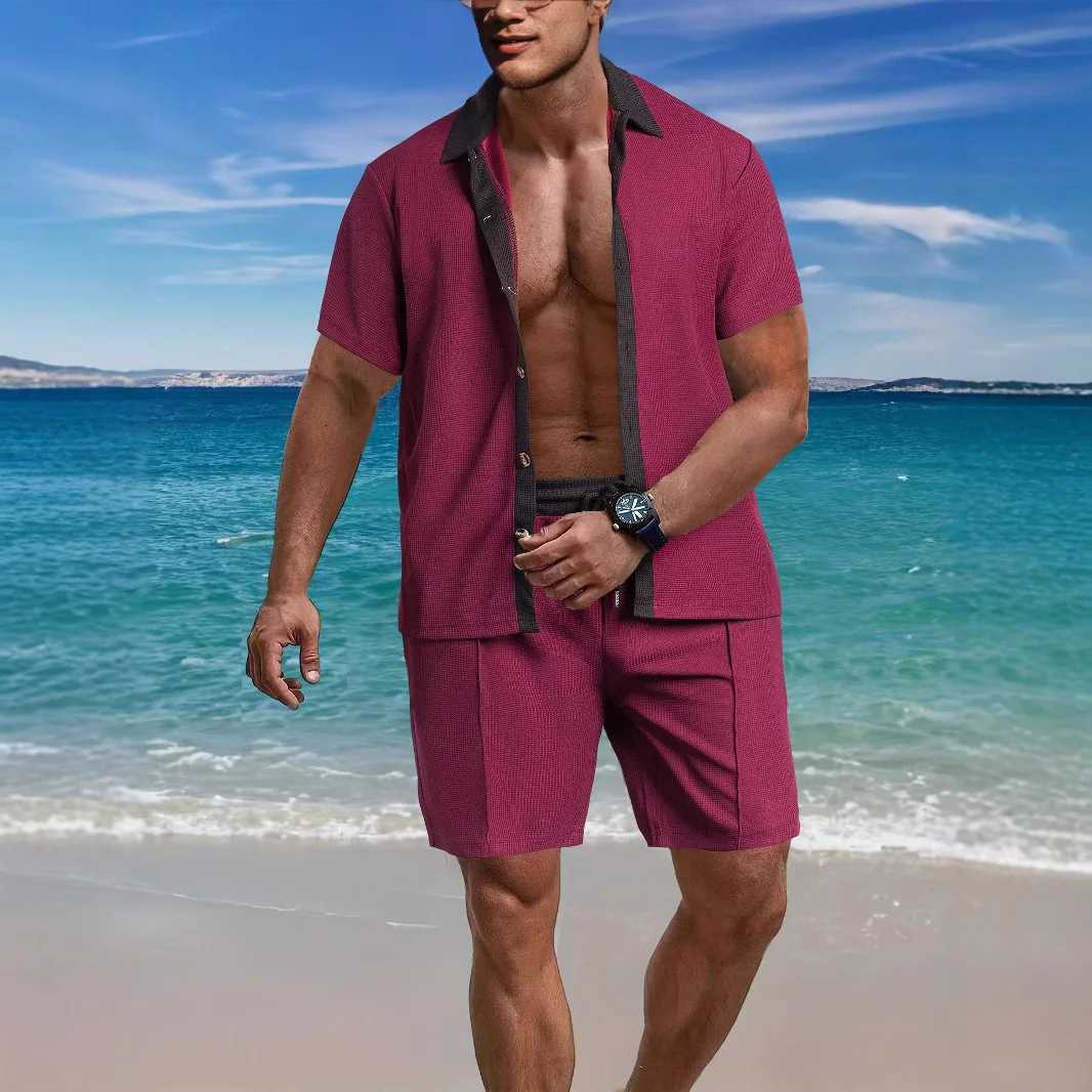 Mens fashion trend casual collar button color shirt short sleeved shorts set summer beach mens sports two-piece setXJ250412