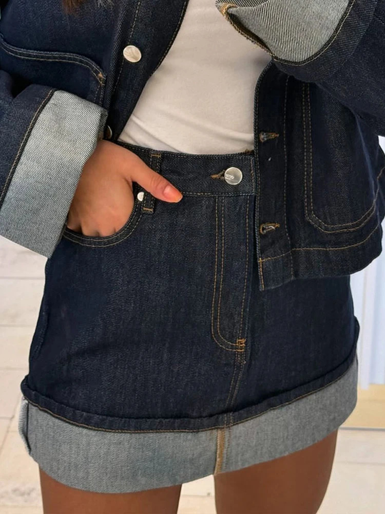 Street Denim Skirt Suits Women Turn Down Collar Single Breasted Coat Mini Skirts Outfit 2025 Spring Fashion Lady Two Pieces Sets 250411