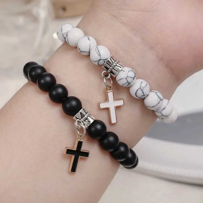 Couple Charm Natural Stone Bracelet Cross Black Lava Matte Beaded Bracelets Handmade Men Women Prayer Fitness Chain Jewelry GiftC250411