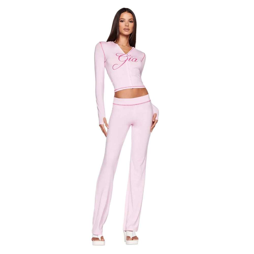 Designer Clothes Iamgia Pink Cotton Zipper Hooded Long Sleeved High Stretch Top Low Waist Micro Flared Pants For Women 2024