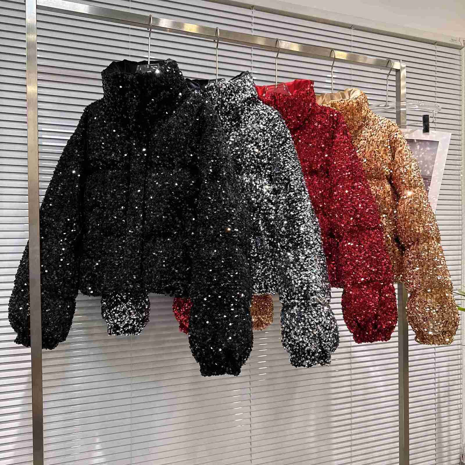 French Fashion Elegant Heavy Industry Colorful Sequin Stand Collar Thickened Warm Down Coats Women Winter Puffer Short Jackets Z251106