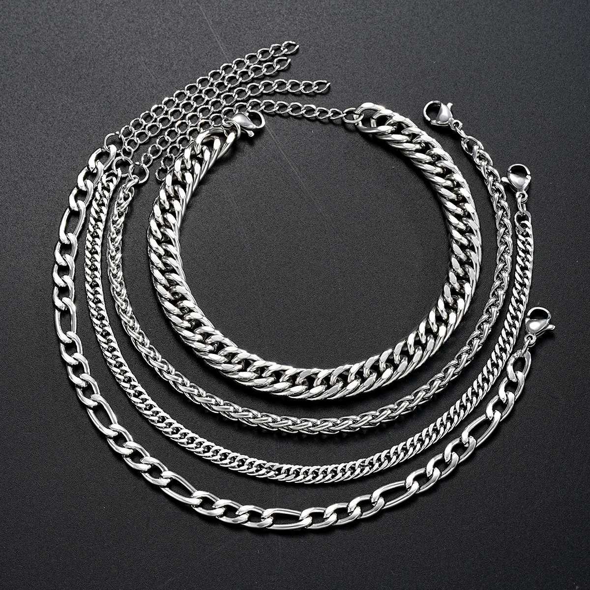 4Pcs/Set Vintage Silver Color Twisted Chain Bracelets for Men Goth Cuban Adjustable Link Charm Bangles Couple Hand Jewelry GiftsC250411
