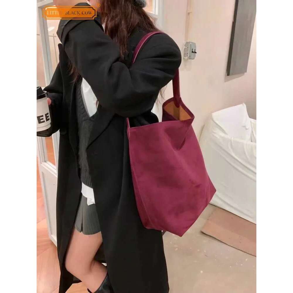 Casual Versatile Women Solid Color Suede Genuine Leather Single Shoulder Bag Large Capacity Totes Handbag Ladies Bucket Bags