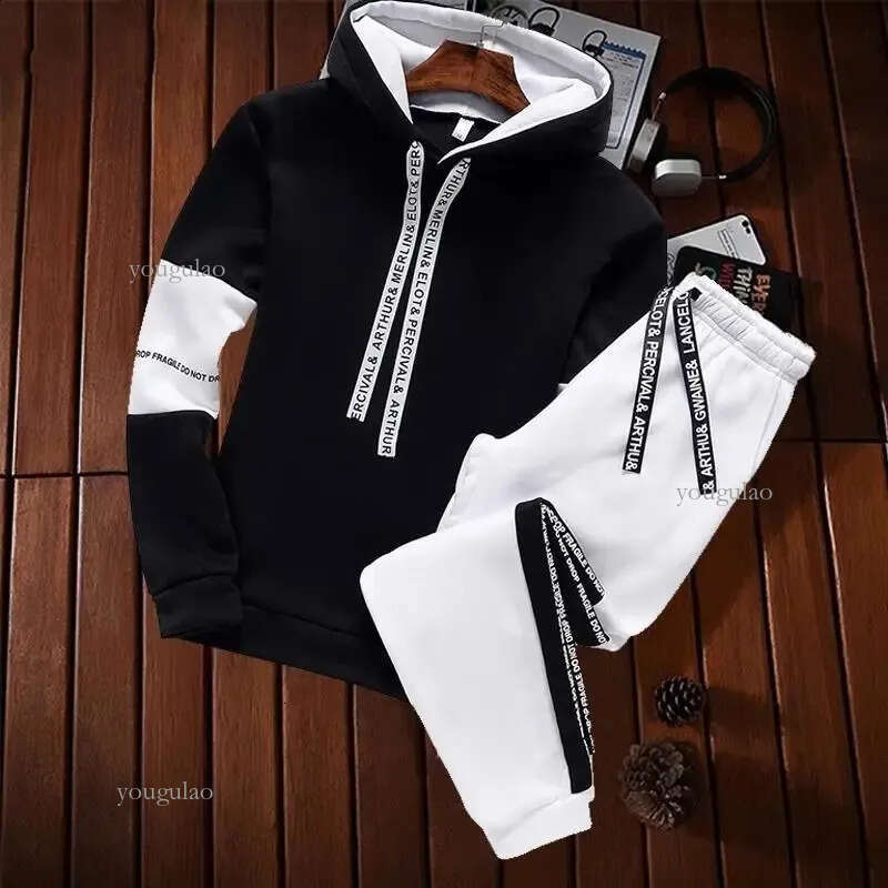 Spring Autumn Fashion Trend Two-Piece Mens Casual Comfortable Large Size Sports Suit Black White Set Tracksuit 240929