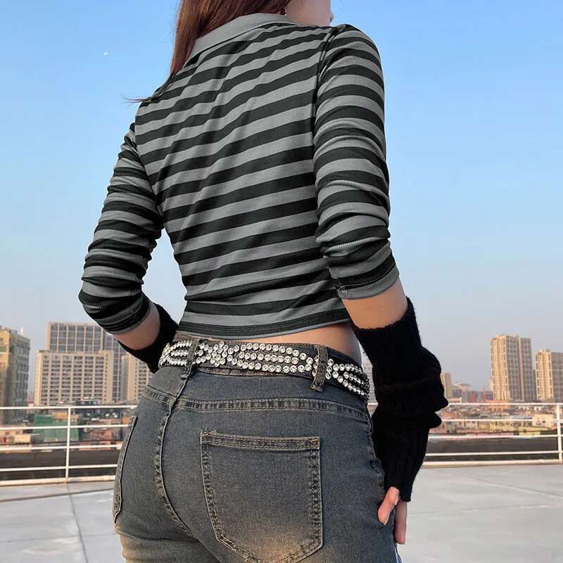Goth Print Tops Stripe Cute Y2k T-Shirts Dark Academia Techwear Button Up V Neck Half Sleeve Sweat Shirts Fairy Grunge Tees EMO