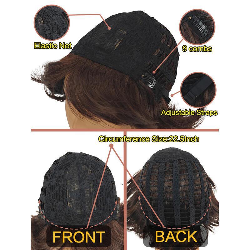 8 inch Straight Short Bob Hair Flat Bangs Cute Central Dot Skin Top Heat Resistant Synthetic Wigs (Coffee brown)