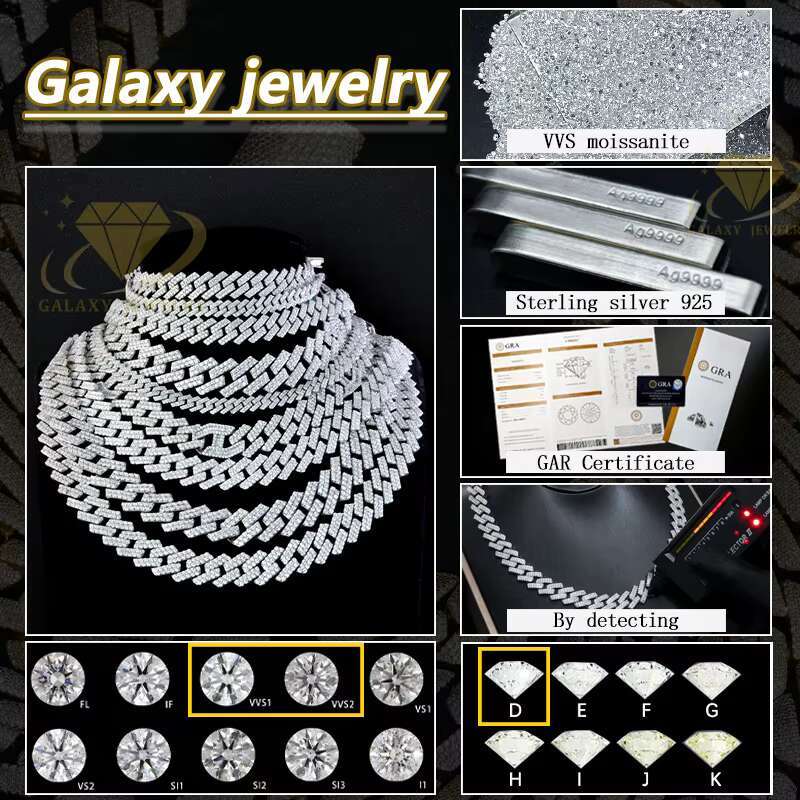Hot Sale Pass Diamond Tester 2rows Prong Cuban Choker VVS Moissanite Diamond Miami Cuban Necklace Link Chain Hip Hop Jewelry
