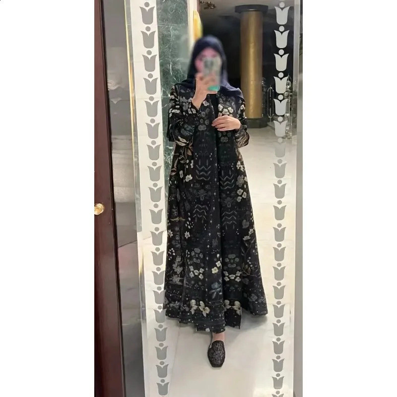 KAF Womens Abaya SpringSummer Collection Flip Collar Long Sleeve Retro Printed n Loose Large Arab y 250411