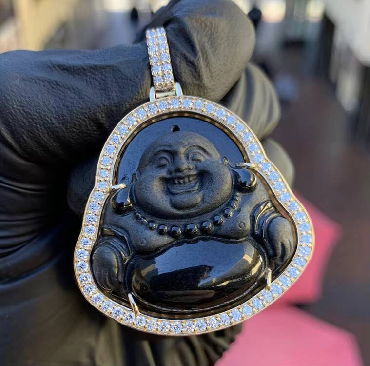 Customized 925 Silver Nature Jade Buddha Statue Pendant 18k Yellow Gold Plated Black White Green With Lab CVD Diamond