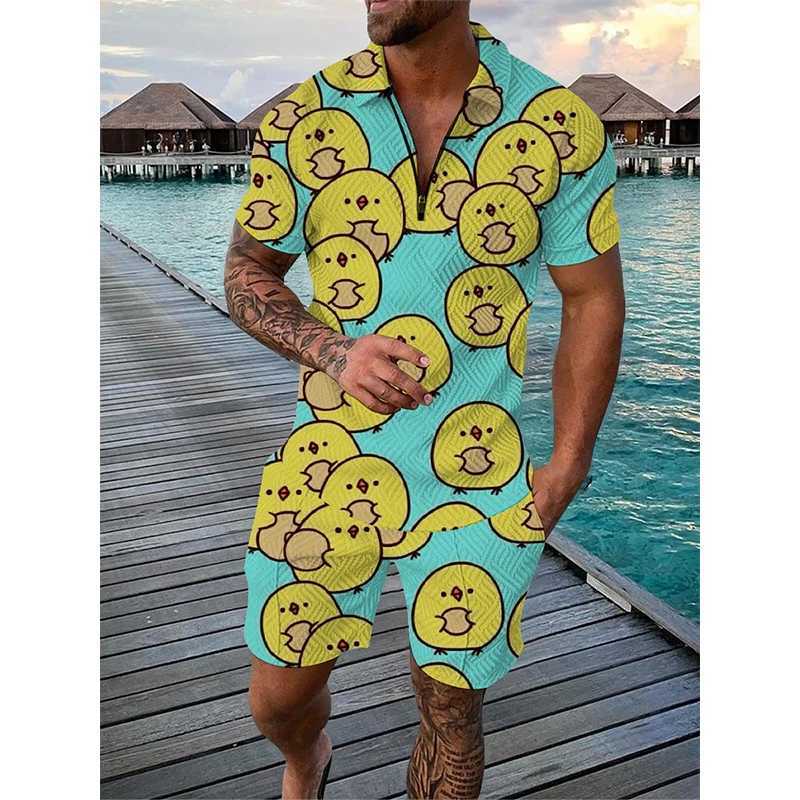 Summer mens track and field suit duck panda 3D printed short sleeved zipper polo shirt short sleeved set 2-piece mens oversized streetwear setXJ250412
