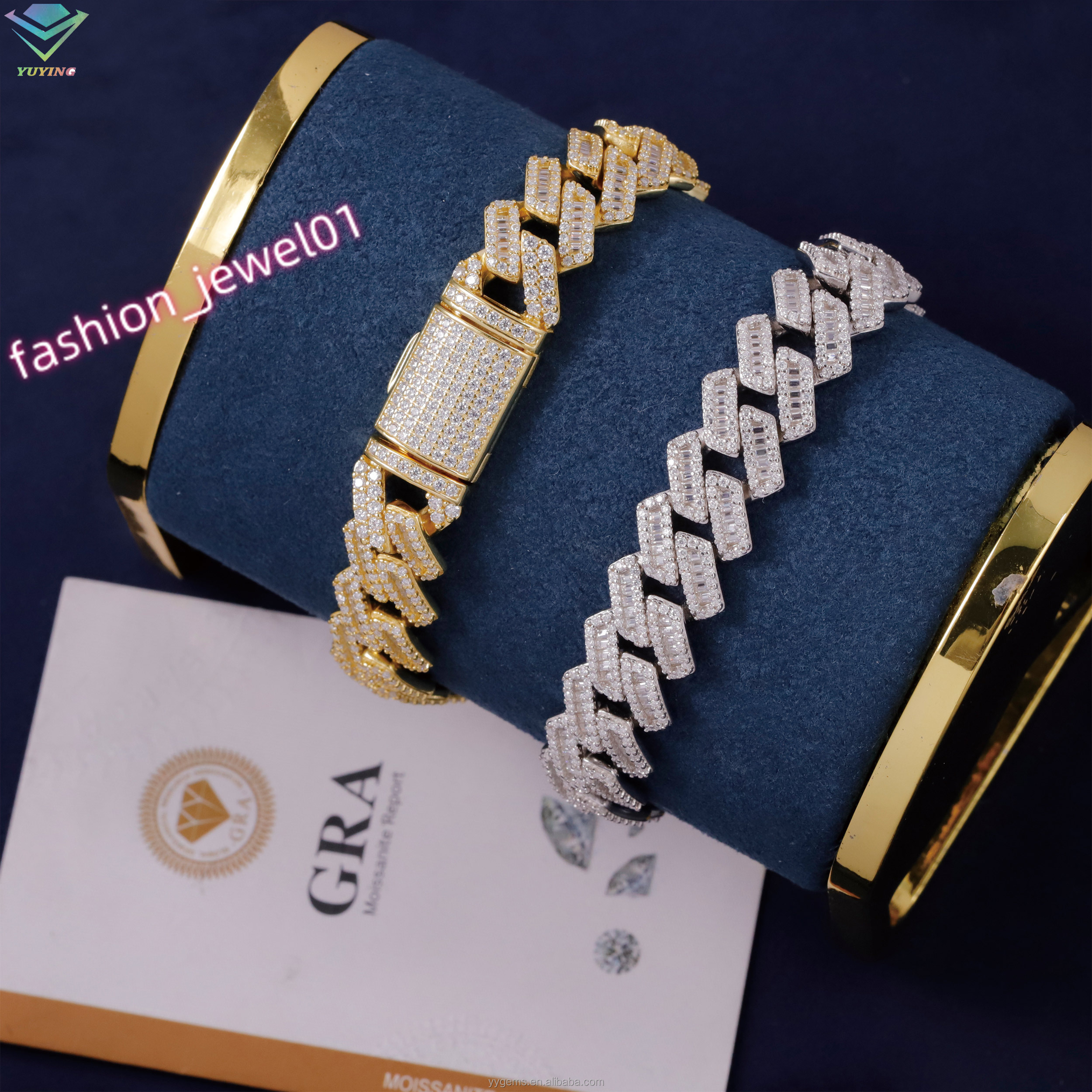 Yu ying VVS Moissanite Bracelet 13mm S925 Silver Hip Hop Bracelet iced out Baguette Moissanite Diamond Cuban Bracelet For Men