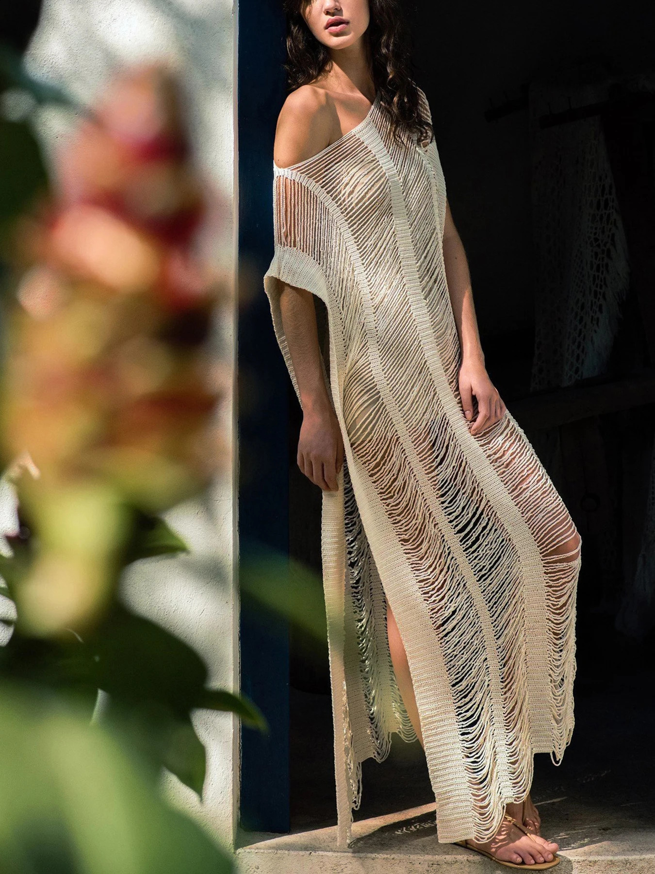 Solid Sexy Side Split Crochet Hollow Out Beach Cover Up Women Bikini Cover Up Long Dress 2025 Summer Beach Dress Lady Beachwear 250411