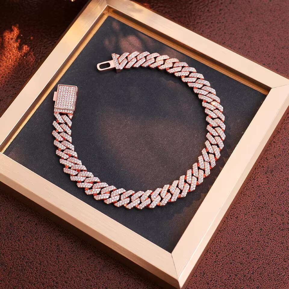 Factory Custom 10k Rose Gold Cuban Bracelet 10mm 12mm Moissanite Cuban Chain Hip Hop Jewelry Womens Bracelet and Necklace