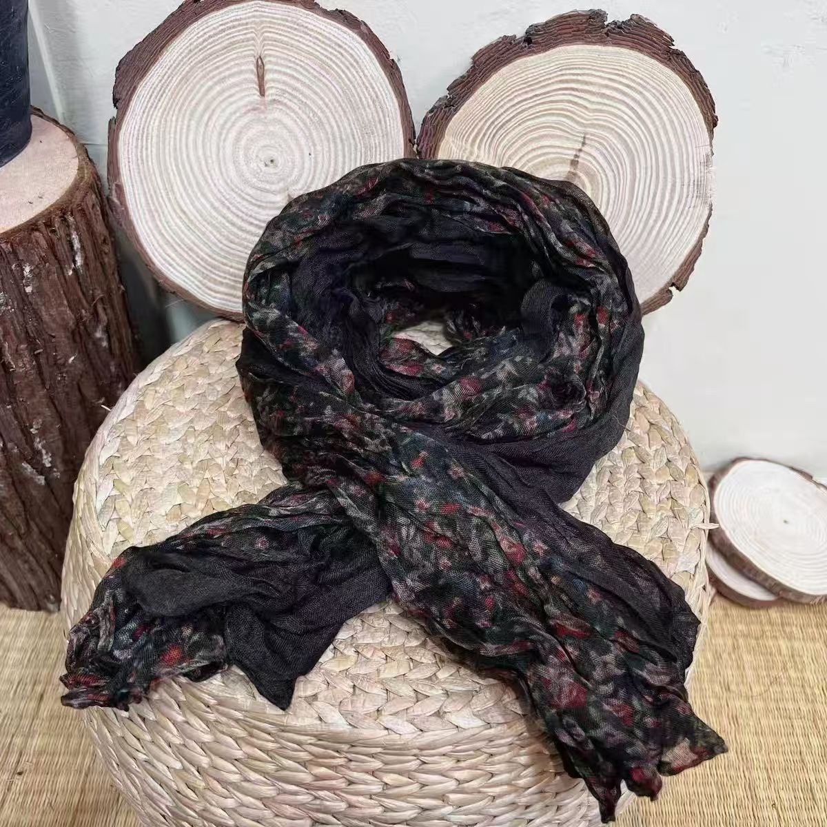 T463 cotton and linen small floral color matching scarf for women, warm and versatile, casual, ethnic style, long neck protection