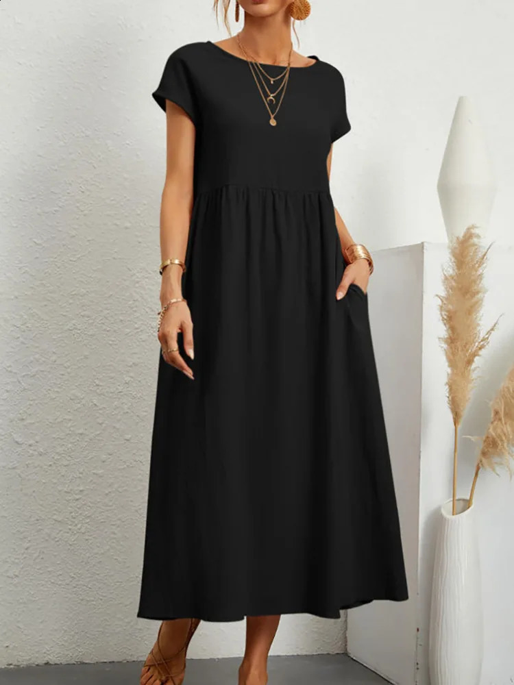 Women Vintage Solid Dress Summer Elegant O Neck Short Sleeve Cotton Linen Dresses Female Casual Loose Sundress Long Dress 250411