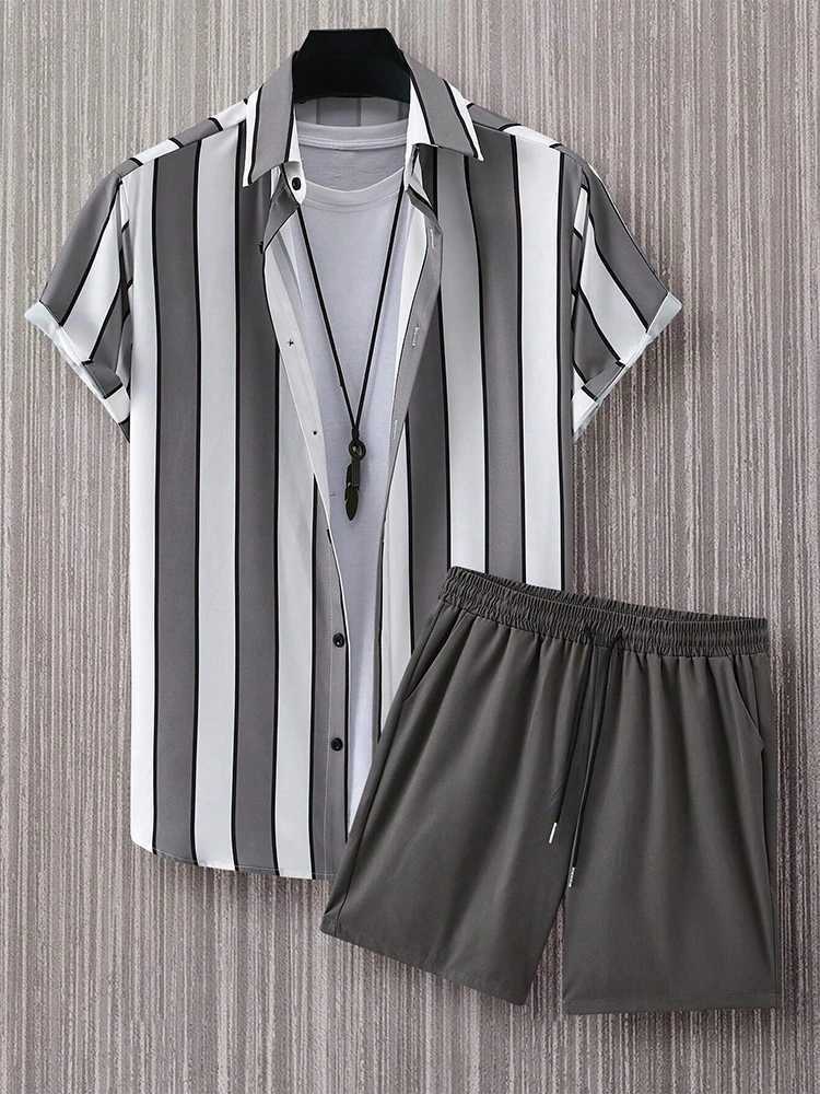 2025 New Hawaii Beach Leisure Set Single Chest Short Sleeve Summer Vacation Travel Stripe SetXJ250412