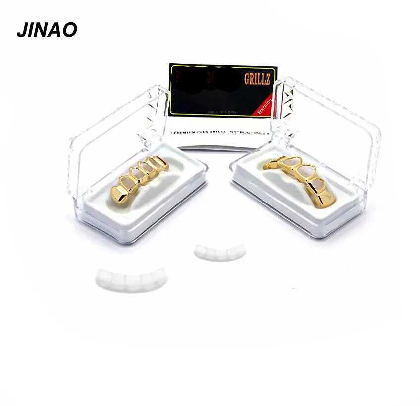 JINAO New Fit Pure Gold Galvanized Teeth Grill Four Hollow Open Face Grill Cover Top and Bottom Grill Set Gift W250412