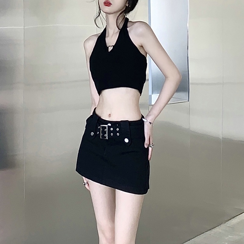 X123 denim skirt half skirt women high waist skirt short skirt design belt skirt vest