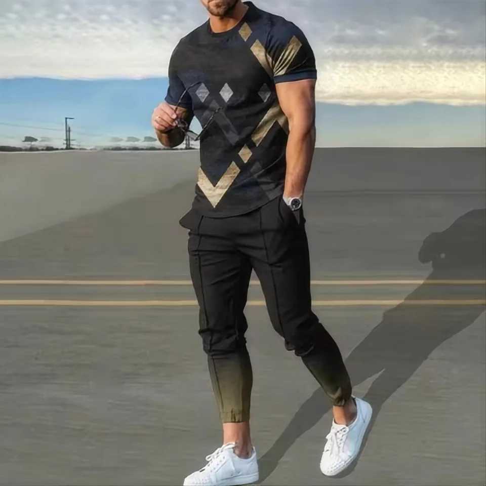2024 Summer New Mens Sweatshirt 3D Printed Short SLeeve T-shirt Long Pants Street Wear 2-piece SetXJ250412