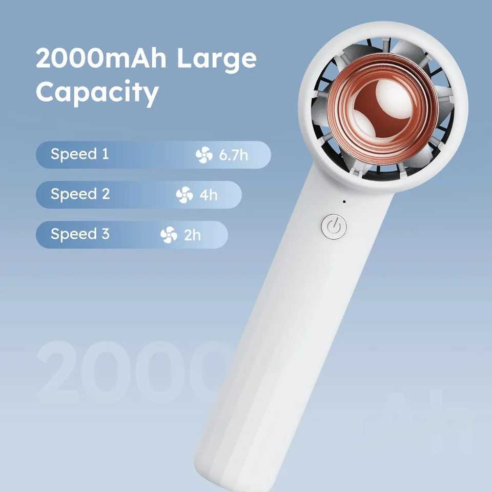 Portable handheld mini fan with quiet 3-speed adjustable turbocharged design and portable desktop stand for outdoor and indoor use X250412