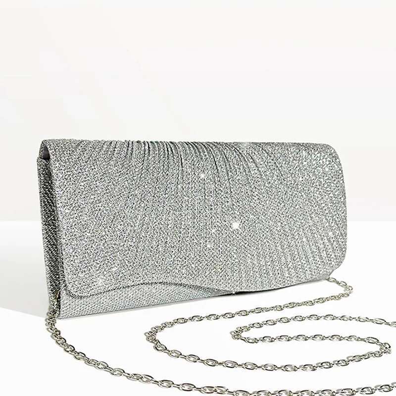 Women Fold Glitter Handbag Shiny Envelope Evening Bag Ladies Pleated Sier Clutch Chain Wedding Party Mini Long Purse XA12ZD