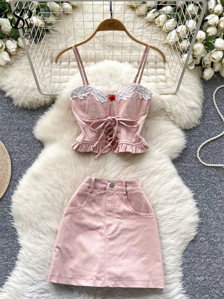 SINGREINY American sweet Denim Suits Lace Strapless Strap Tank TopPockets Mini Skirt Summer Female Streetwear Two Piece Set 250411