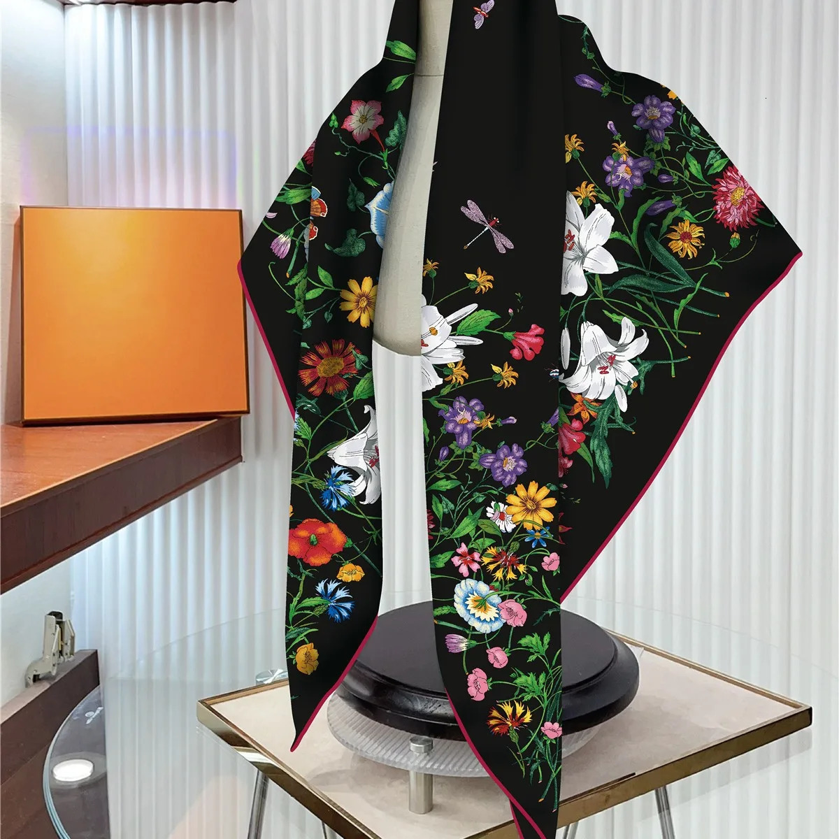 90cm Silk Scarf Women Plants Flowers Printed Square Scarves Head Echarpes Foulards Femme Wraps Shawls Bandana Lady Hijabs 251110