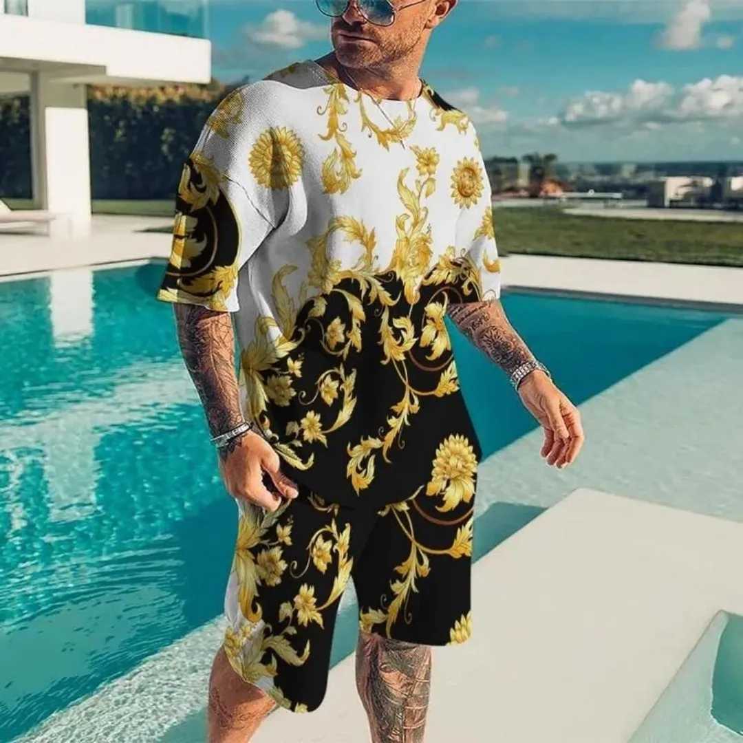 2025 Summer New Mens Luxury Gold Pattern Sports Shirt 3D Printed Short Sleeve T-shirt Set Fashion Casual Mens T-shirt Double PiXJ250412