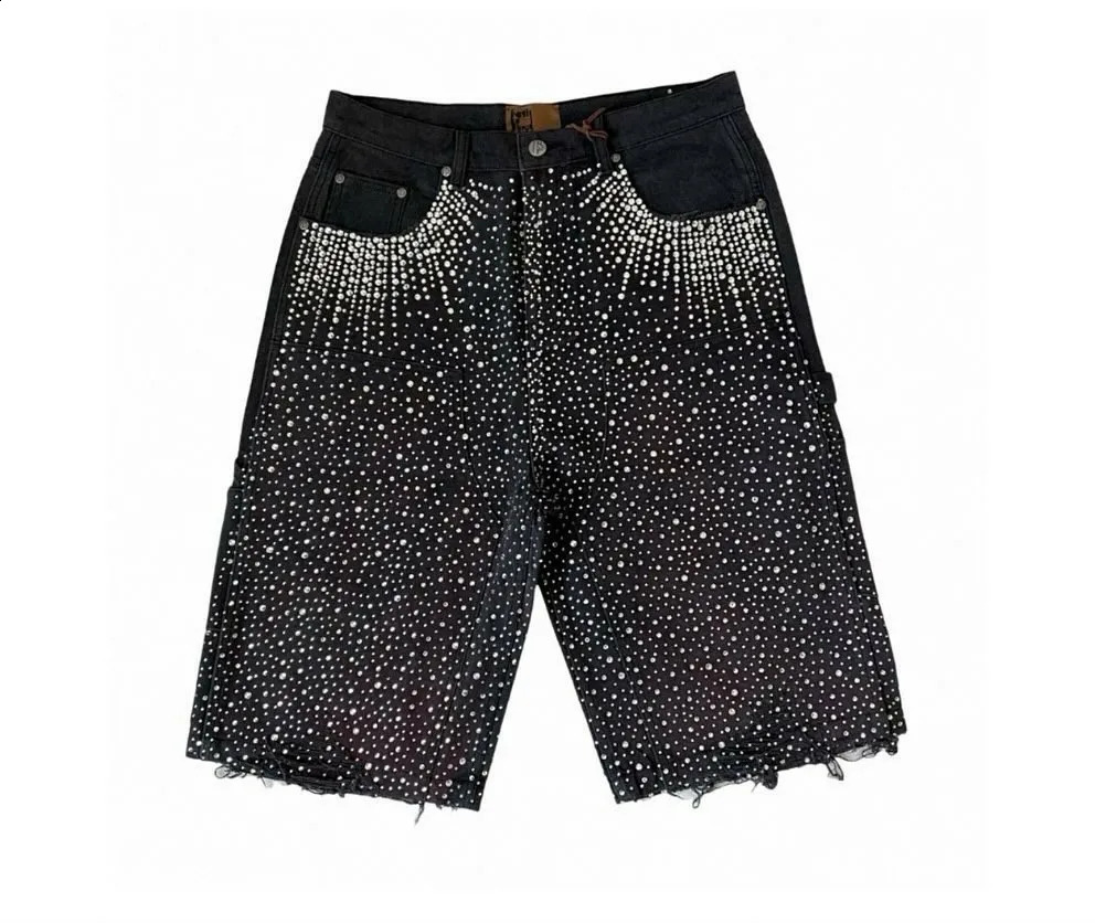 Streetwear Retro Ripped Denim Shorts Men Women Harajuku Hip Hop Punk Twinkle Rhinestone Short Jeans Gothic Brown Baggy Shorts 250411