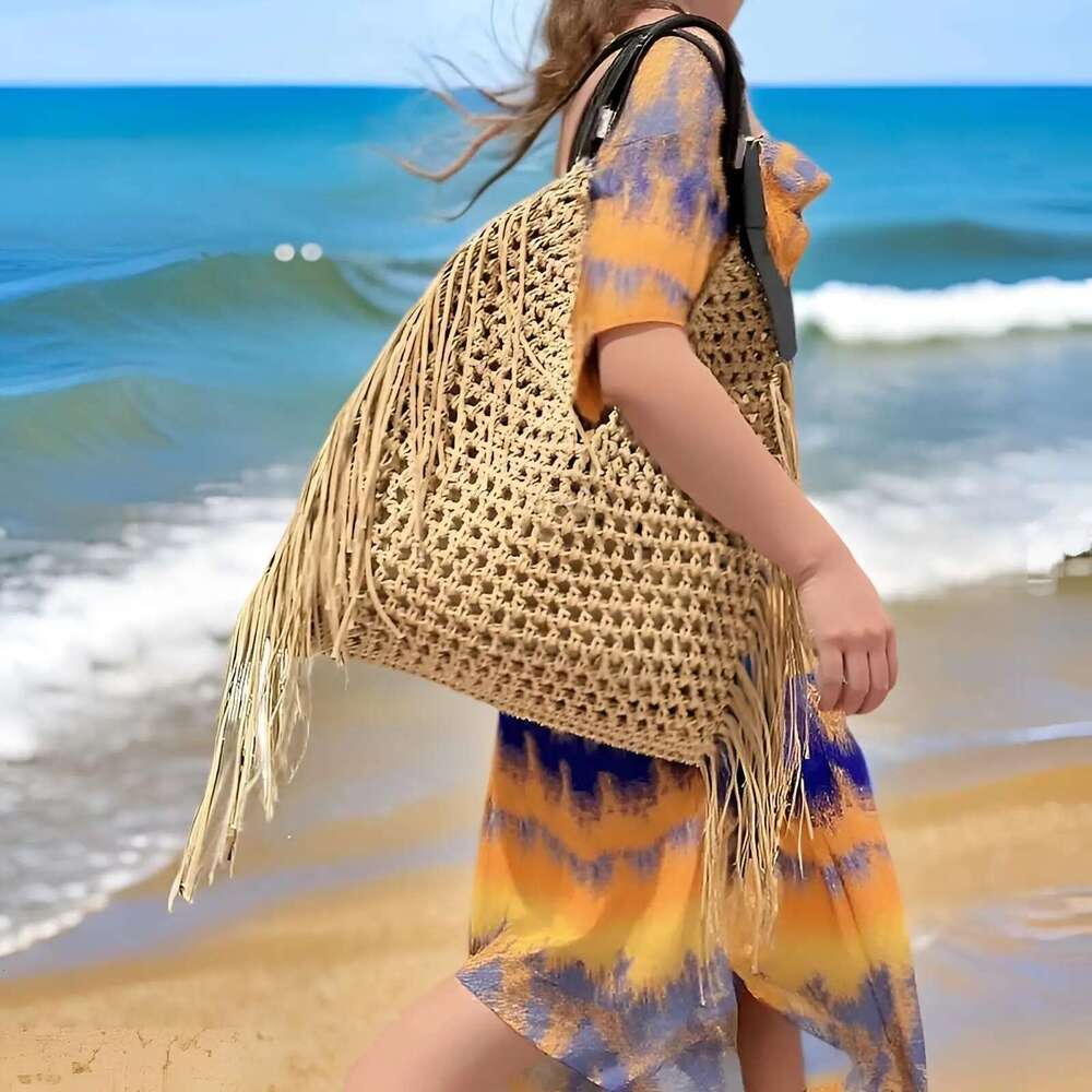 Designer Bohemian Beach Bag For Women - Premium Nylon With Decorative Hollow Tassels, Zippered Inner Pocket