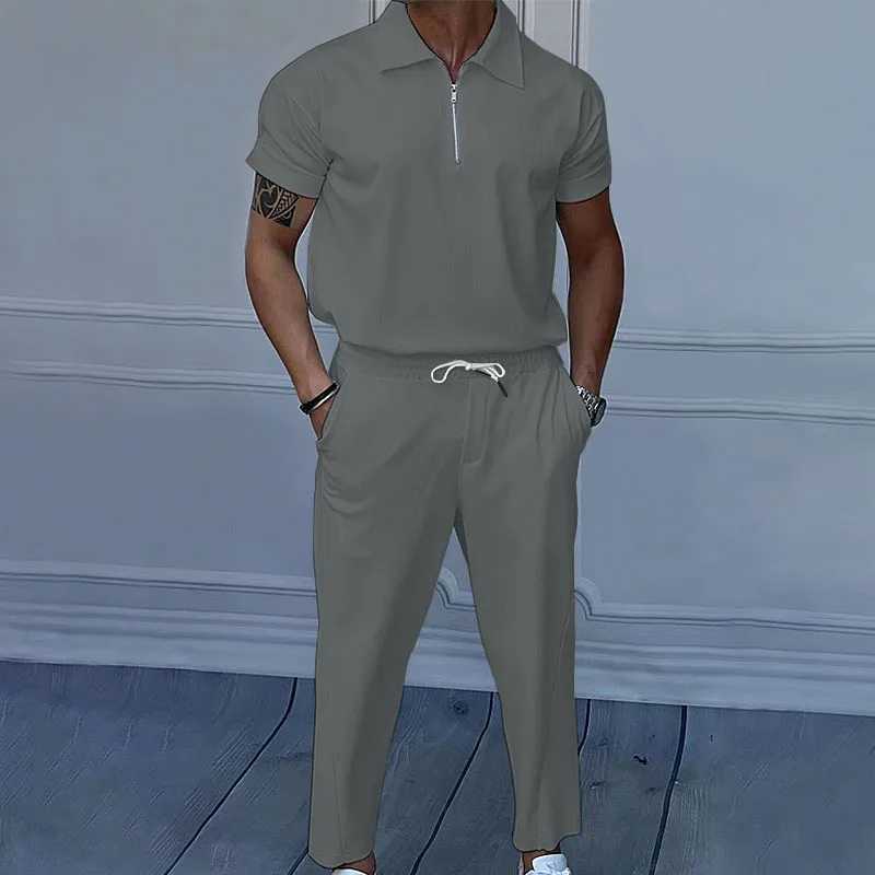 Summer mens collar short sleeved POLOSHIRT and Trouser set European and American loose casual two-piece setXJ250412