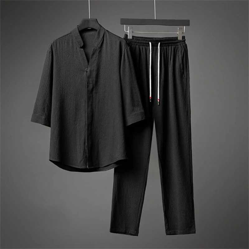 Ice silk linen mens spring/summer 2023 loose floral top and elastic waist Trouser sportswear mens two-piece setXJ250412