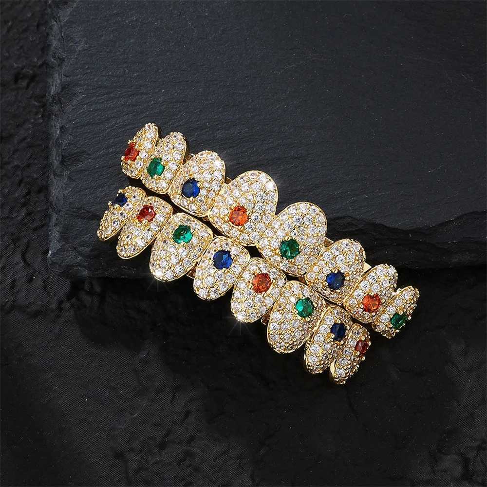 Hip Hop CZ Teeth Grillz Hat Multi colored Stone Cube Zircon Ice Out Top and Bottom Charm Grill Mens Jewelry Christmas Gift W250412