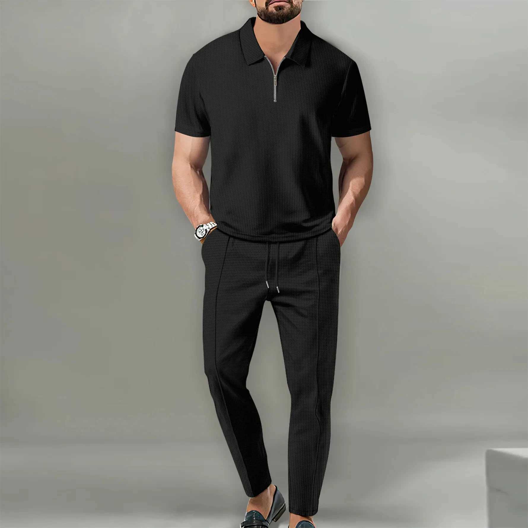 Spring 2024 New European and American Foreign Trade Mens Solid Color Set Waffle Neck Short Sleeve Zipper Pants SetXJ250412