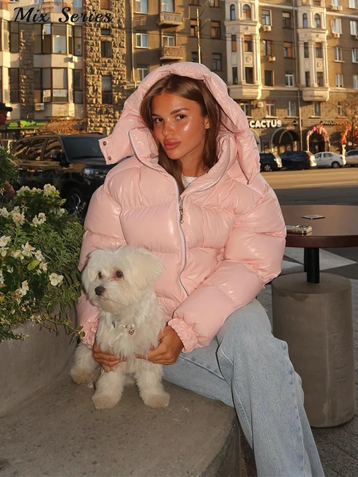 Fashion Glossy Padded Jacket Womens Solid Hooded Long Sleeve Warm Down Coat Autumn Winter Lady Casual Outerwear 251111