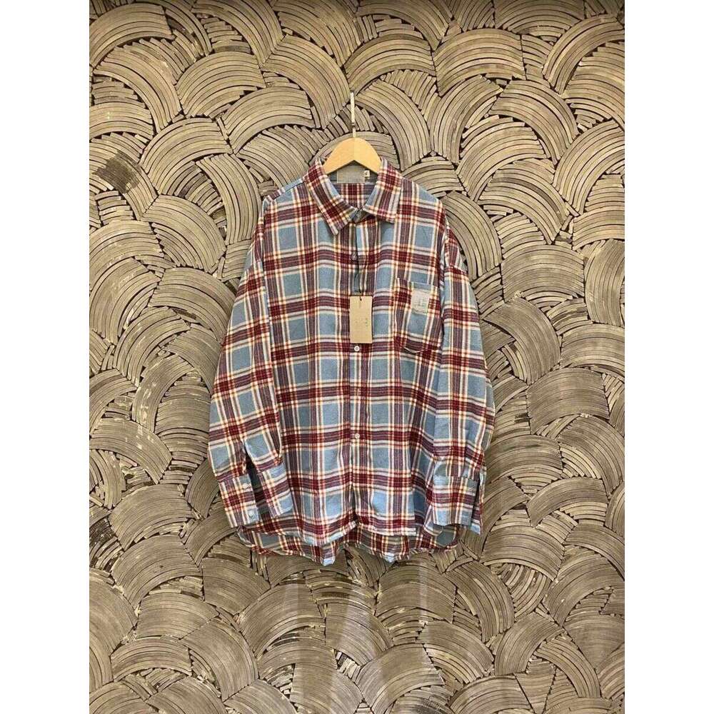 Cotton Brushed Embroidered Checkered Elements, Heavyweight Fringed Edge Shirt For Men And Women, Couple Style B5