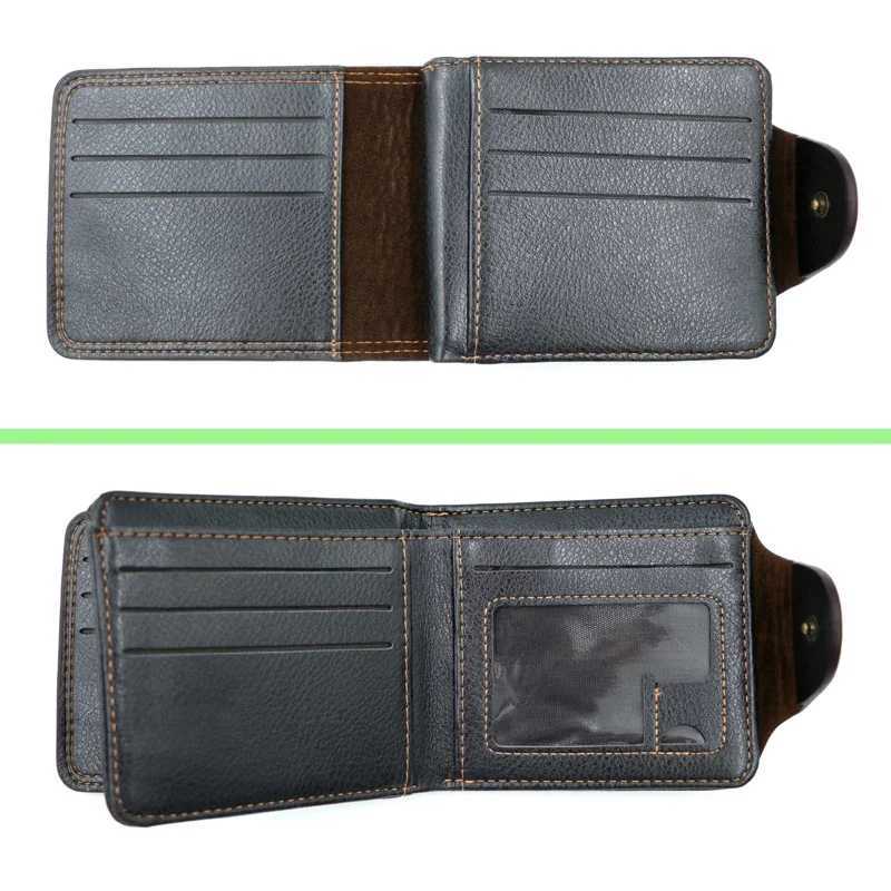 Mens wallet brown short folding PU leather button wallet with zipper pocket Z250411