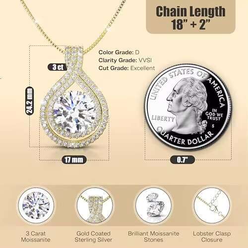 Certified Moissanite Necklace for Women Platinum Plated Gift for Her
