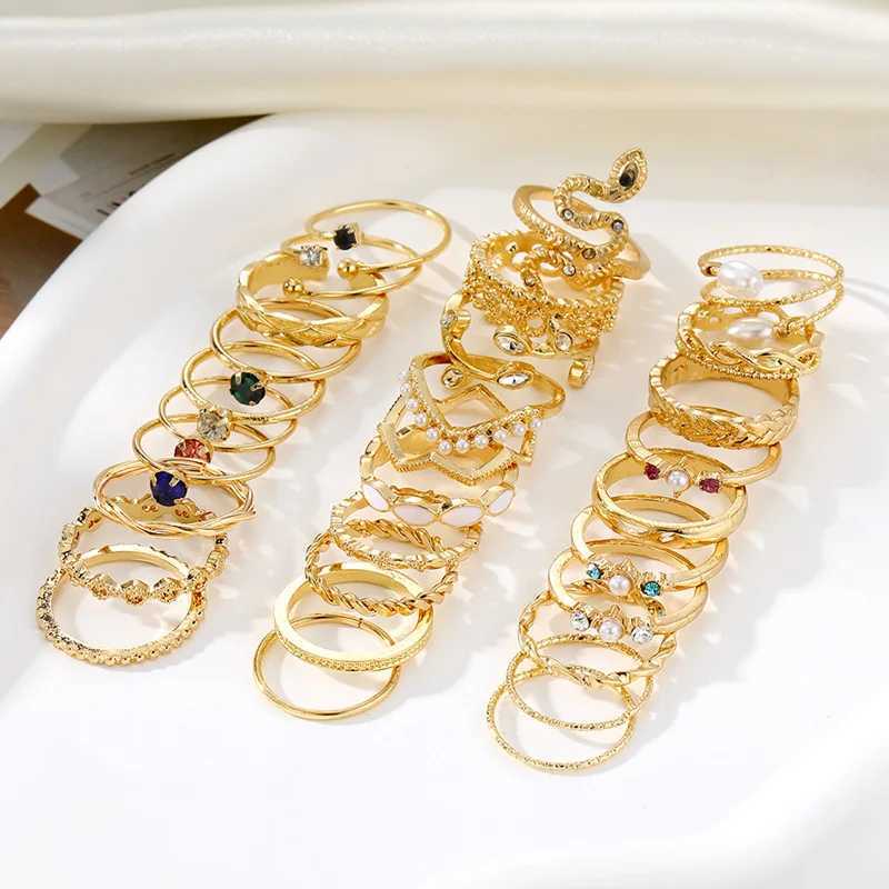 IFKM Bohemian Gold Ring Set Womens Retro Geometric Pearl Snake Finger Ring Womens Tren Jewelry Set 2023 GiftXJ250412