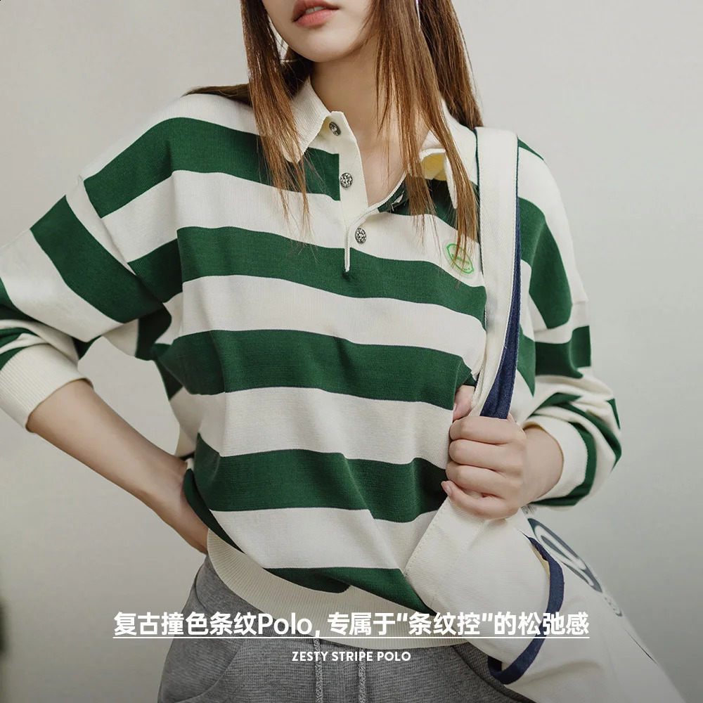 Maden Retro Classic White and Green Color Blocking Striped Polo Shirt for Women Autumn Long-sleeved T-shirt Loose Casual Tops 250411