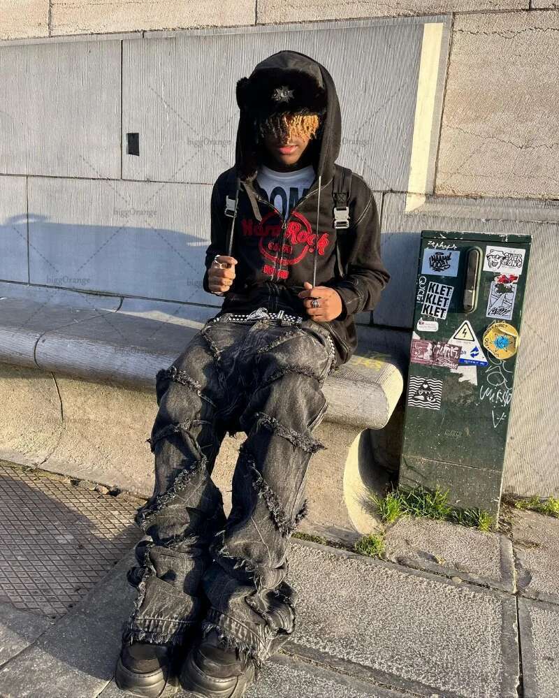 Y2K Punk Black American Street Rock Retro High Waist Oversized Jeans 2023 New Raw Edge Washed Straight Wide Leg Trousers Men