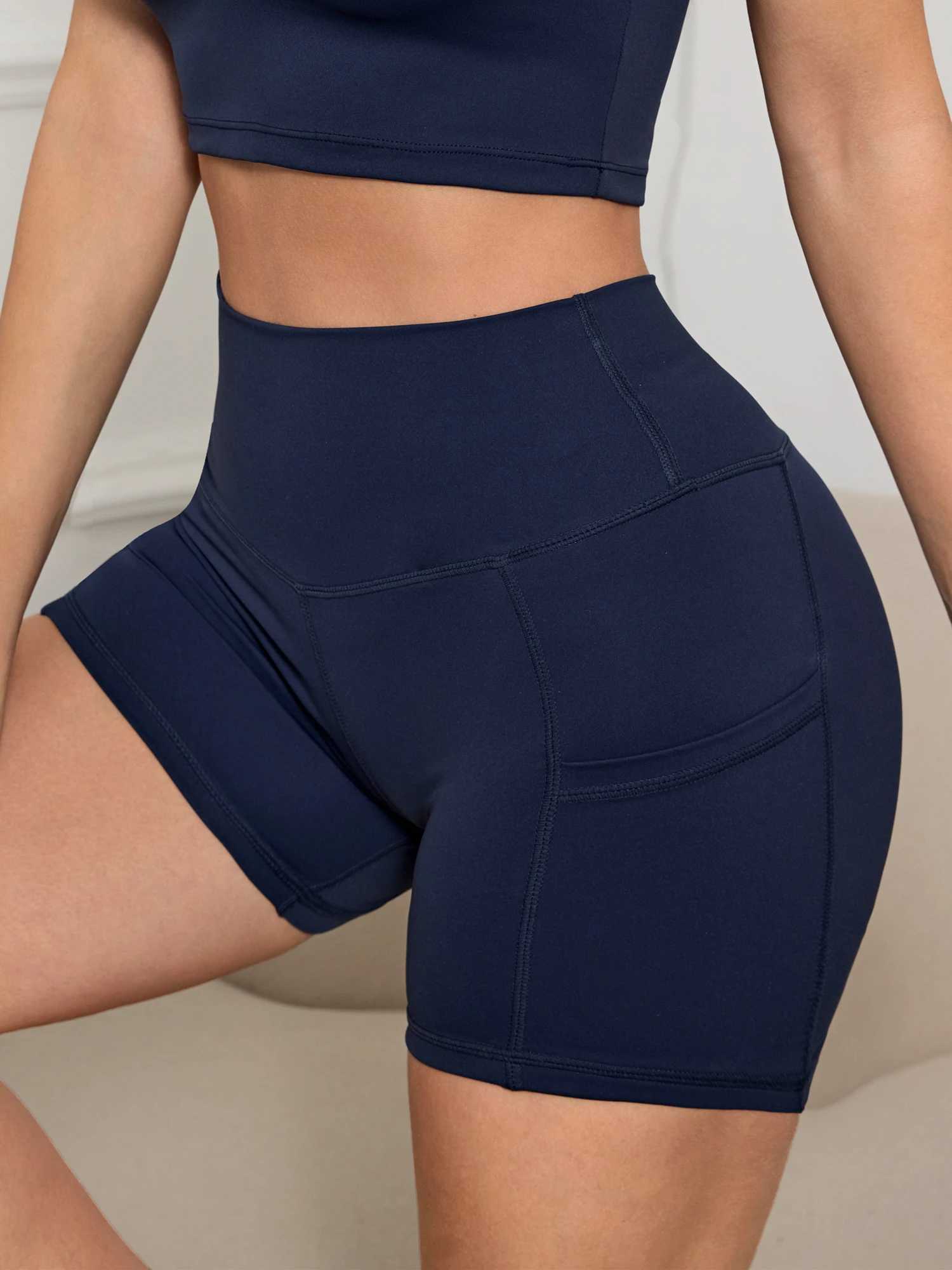 Wick Yoga Bike Shorts High Waist Solid Color Sports Shorts with Pockets Womens Sportswear Y250412