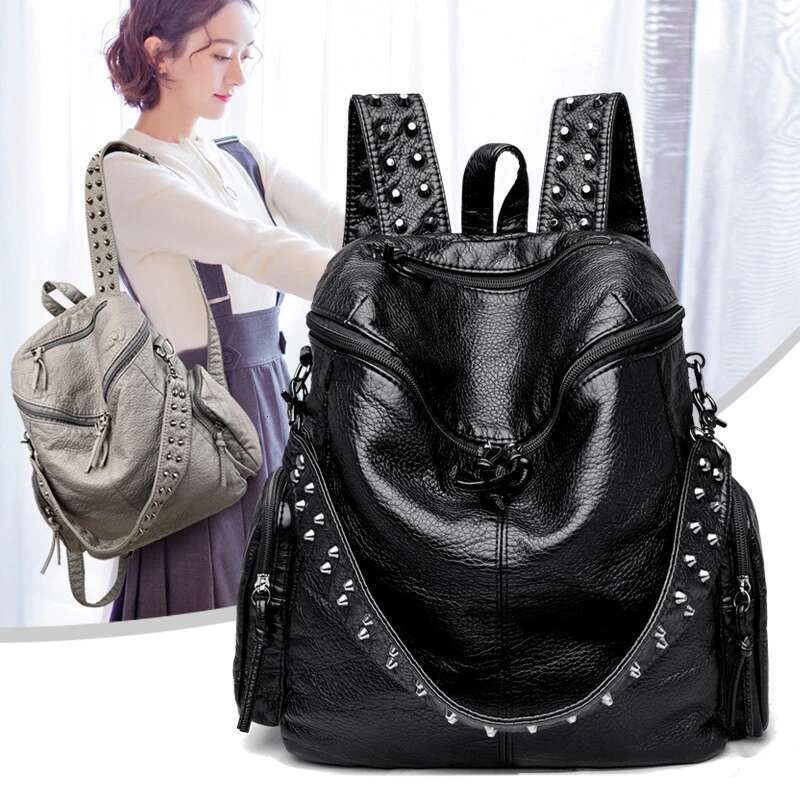 New Brand Woman Backpack High Quality Leather School Bags Rivet Moto Style Women Backpacks Vintage Soft Lady Shoulder Bag
