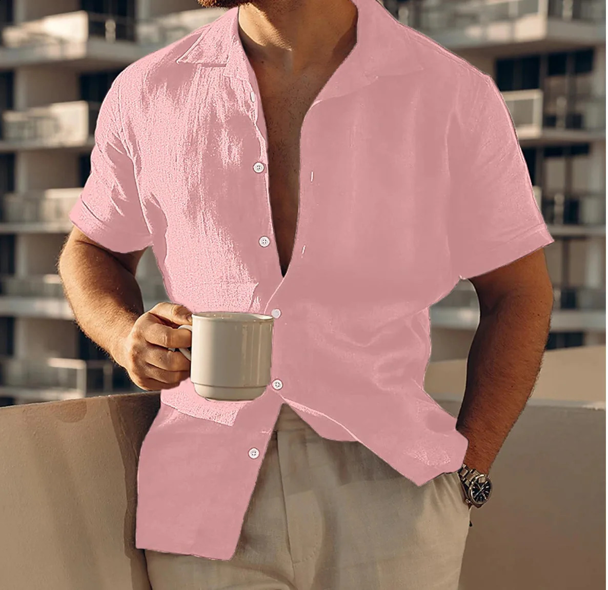Mens Summer Beach Shirt Short Sleeve Linen Button Solid Color Casual Single-breasted Shirt Plain Color Lapel Casual 250411