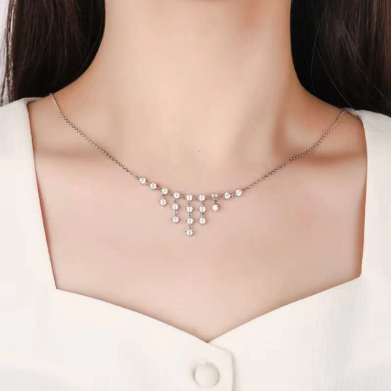 Fine Jewelry 925 Sterling Silver Full Moissanite Necklace Waterfall Shape Tassel Sparkle Drop Moissanite Necklaces for Women