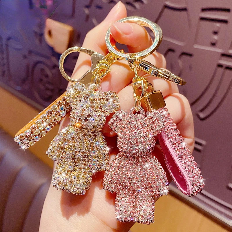 Cute Rhinestones Tassel Bear Keychain Couple Keychain Girl Decoration Small Pendant Car Key Ring Student Bag Pendant 251110