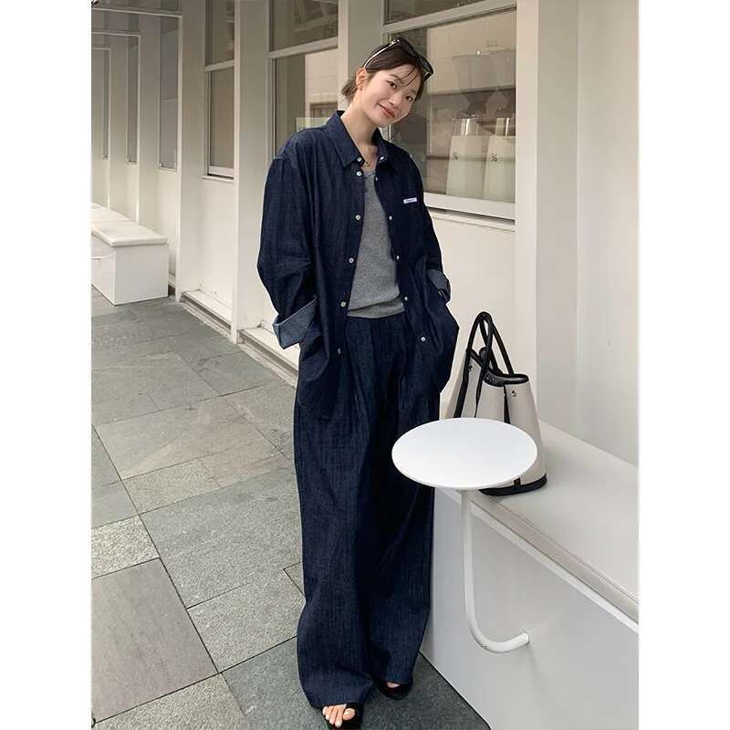 Denim Pant Women Two Piece Set Shirts Tops Matching Sets Y2k Streetwear Single Breasted Long Pants Jeans Casual 2025