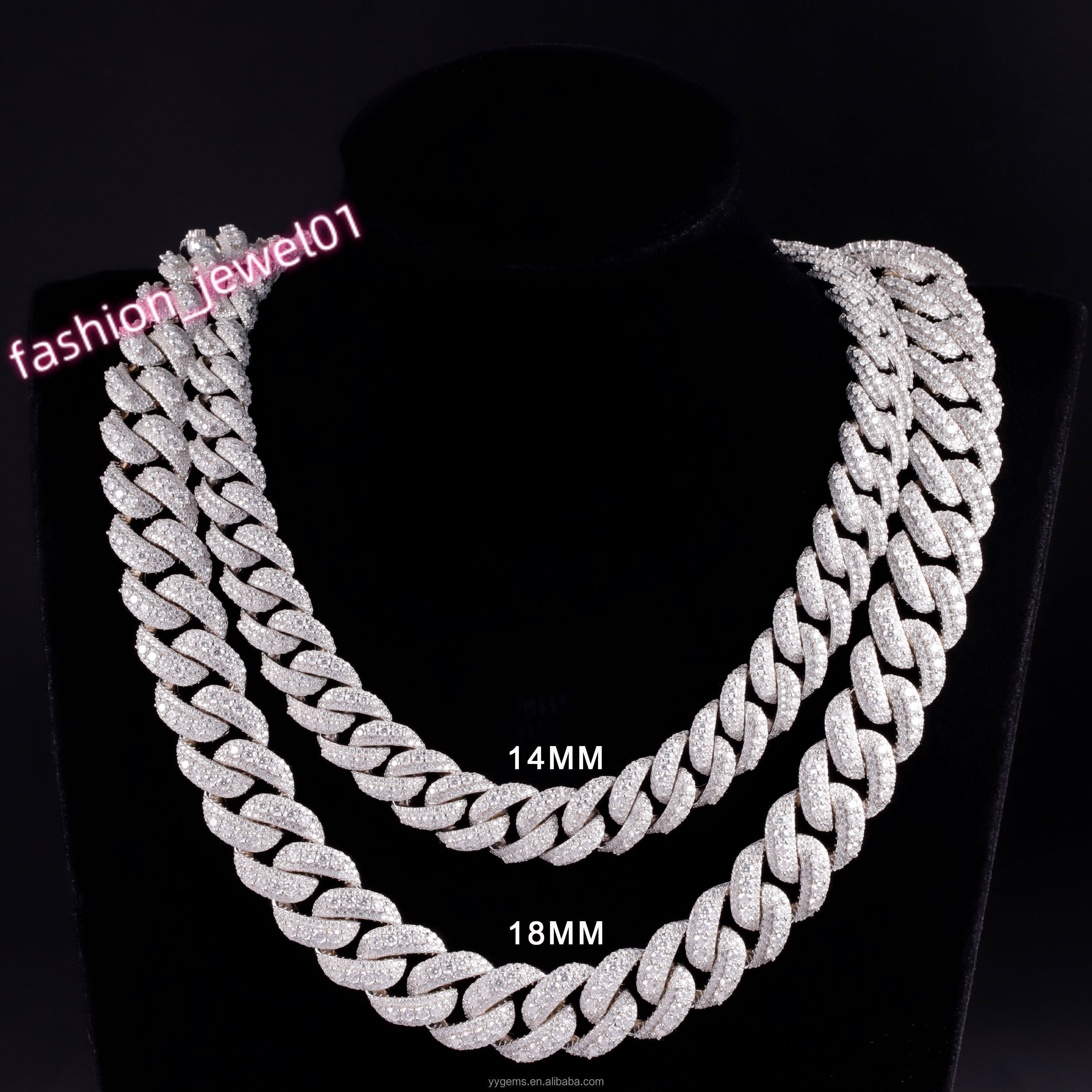 Large Moissanite Middle 14/16/18MM Wide Iced Out 3 Rows Cuban Link Chains Gold Plated 925 Silver VVS Moissanite Hip Hop Chains